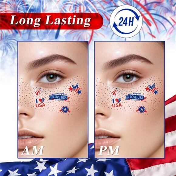 Face Glitter Star Freckles Temporary Tattoos, 4th of July Face USA Patriotic - Picture 4 of 6